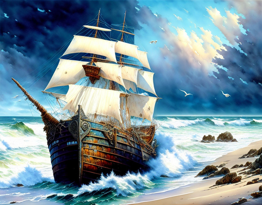 Vintage sailing ship navigating stormy seas near rocky shore with seagulls.