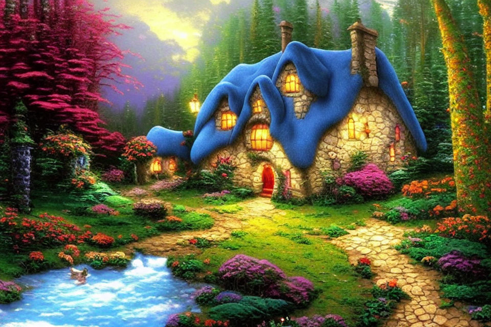 Colorful Forest Cottage with Blue Roof in Lush Garden Clearing