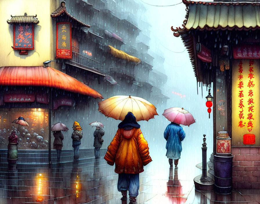 Rainy street scene with Chinese architecture and red lanterns