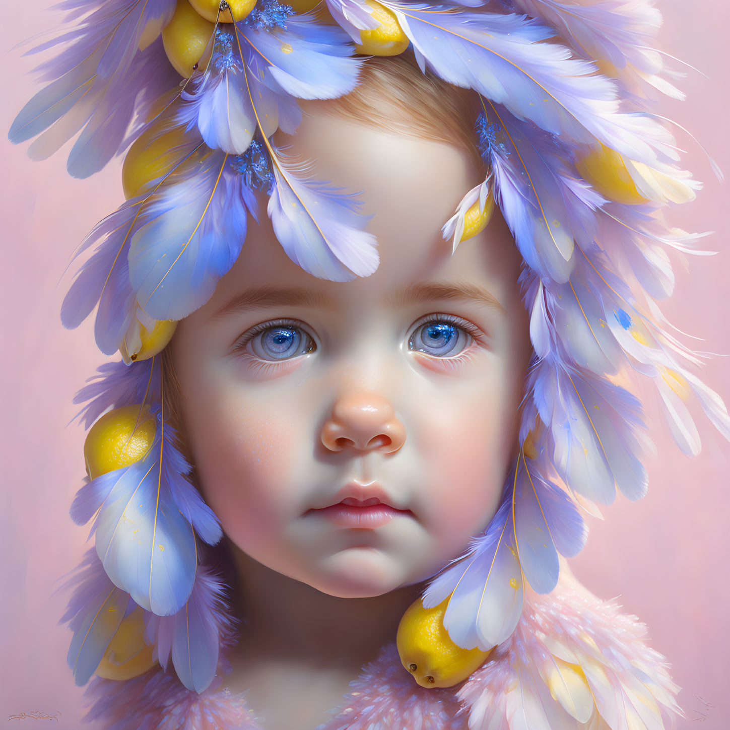 Portrait of young child with blue eyes and feathered headdress on pink background