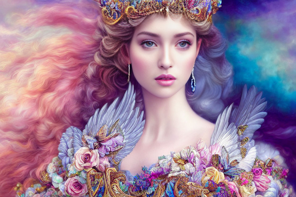 Portrait of a woman with angelic wings and ornate crown in vibrant colors
