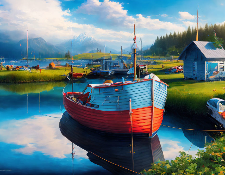 Tranquil harbor scene with red and white boat, rustic buildings, calm water, mountains