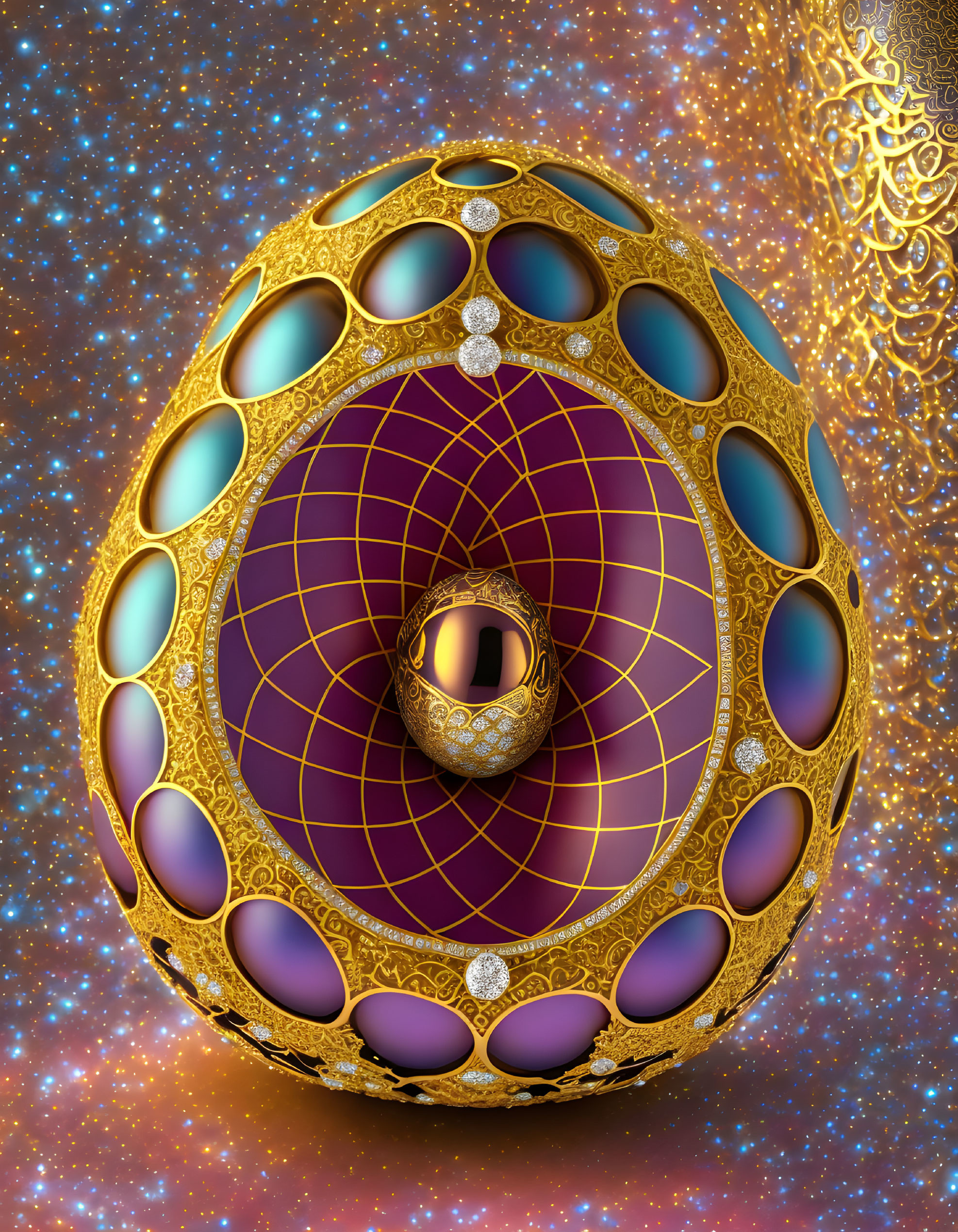 Intricate 3D rendered ornate egg with golden patterns and jewel-toned details