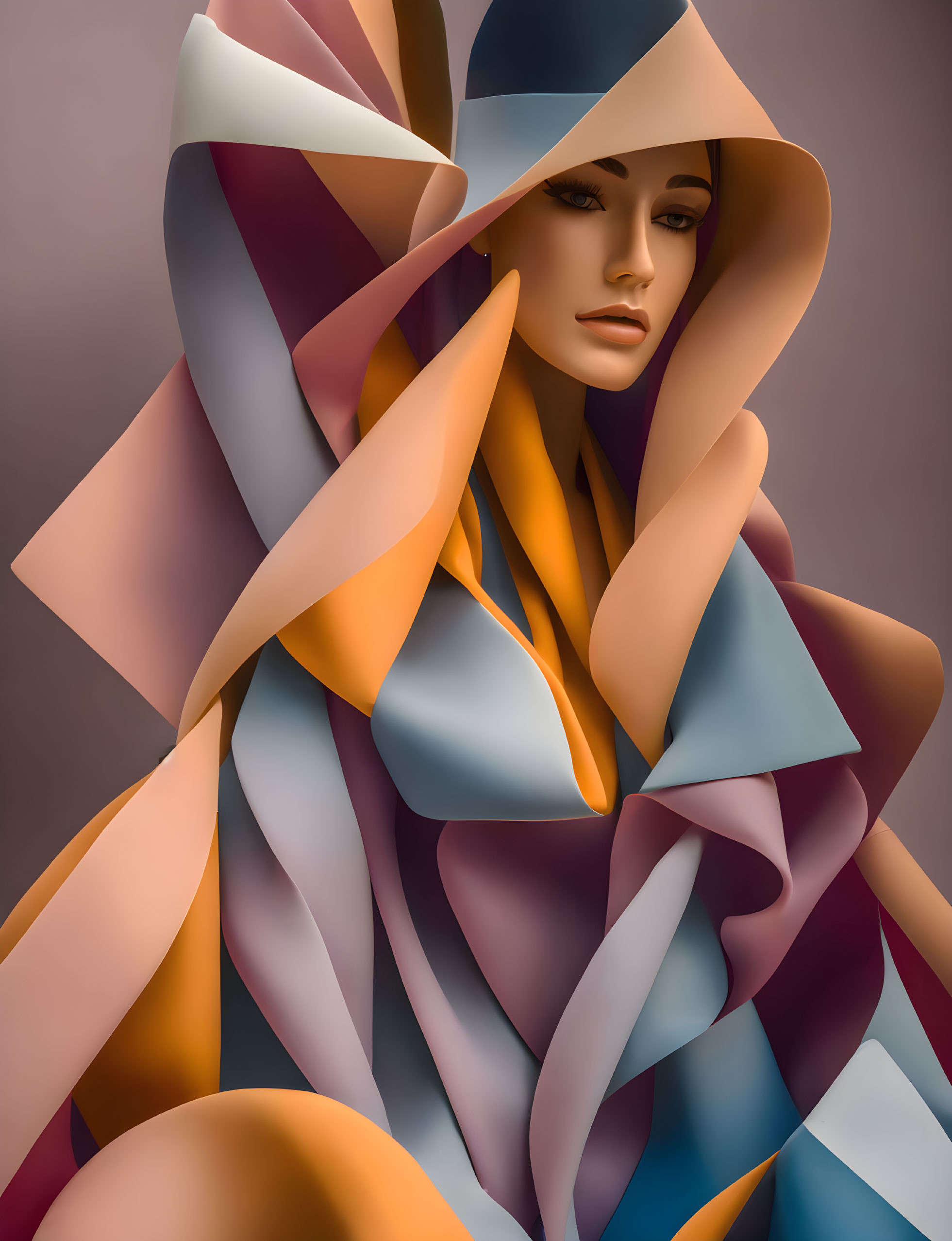 Abstract digital artwork of woman draped in multicolored shapes