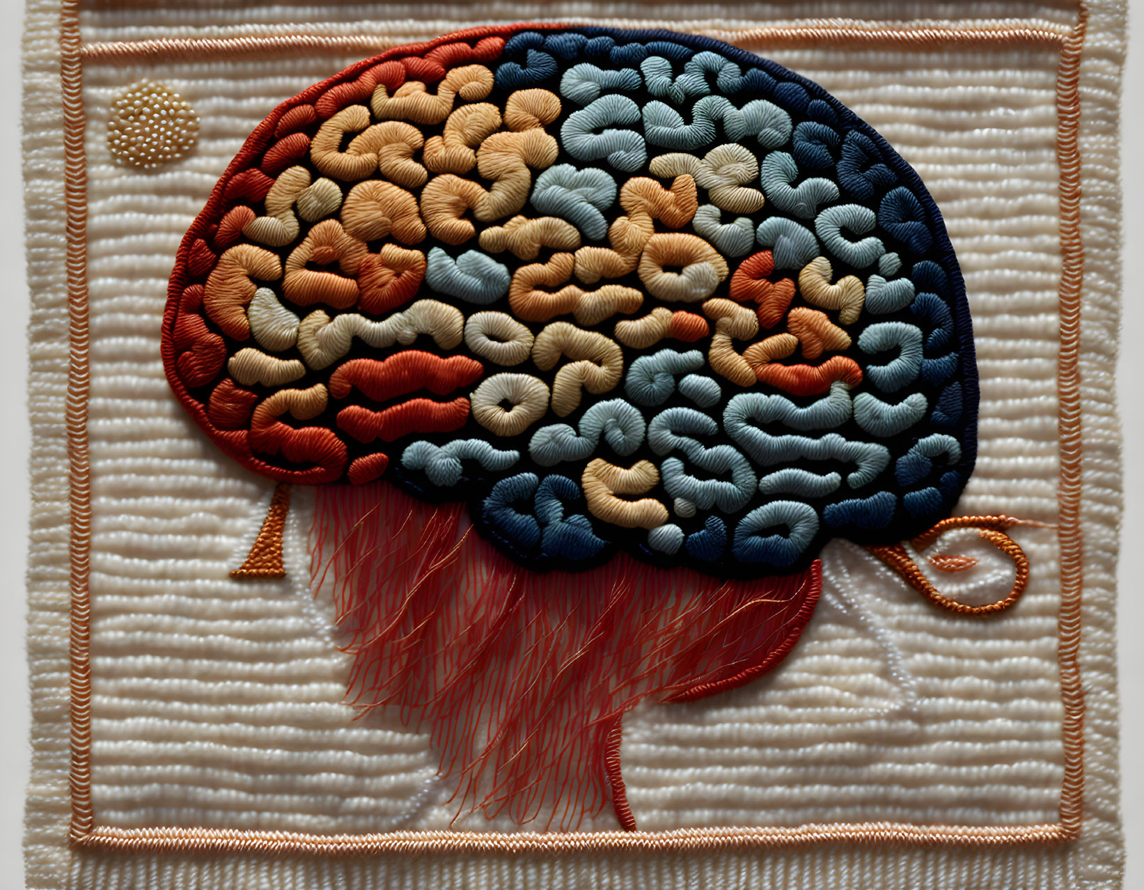 Colorful Thread Embroidered Human Brain on White Background