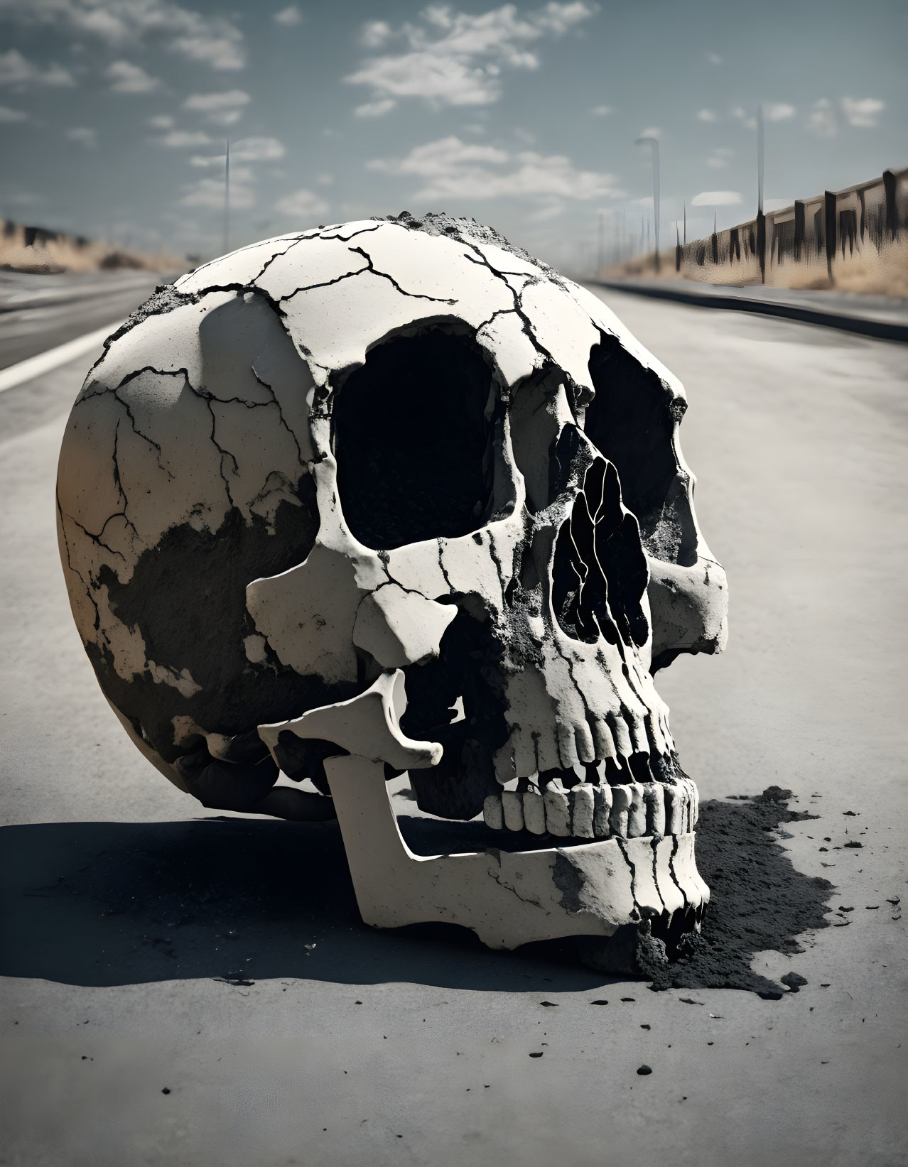 Cracked human skull on deserted road under clear sky