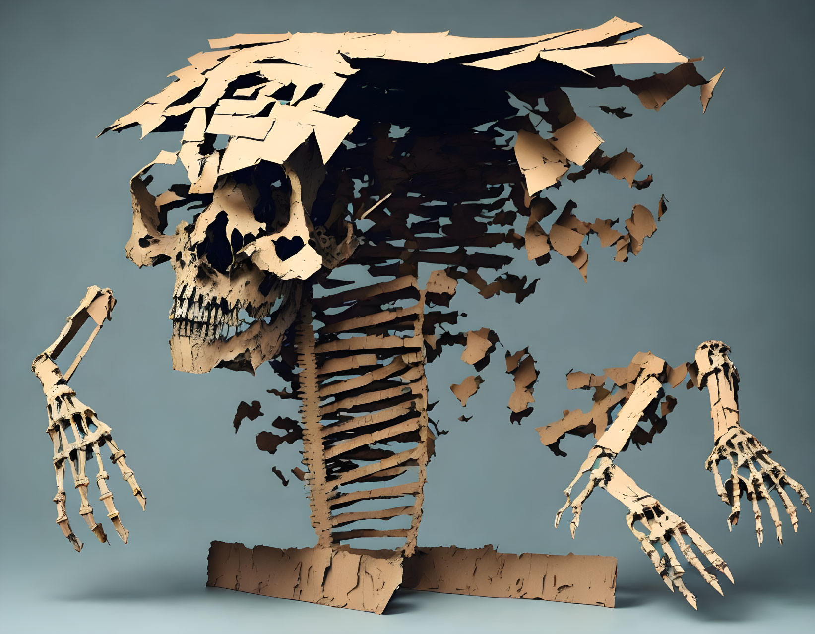 Humanoid skeleton sculpture with cardboard mane and armor layers.