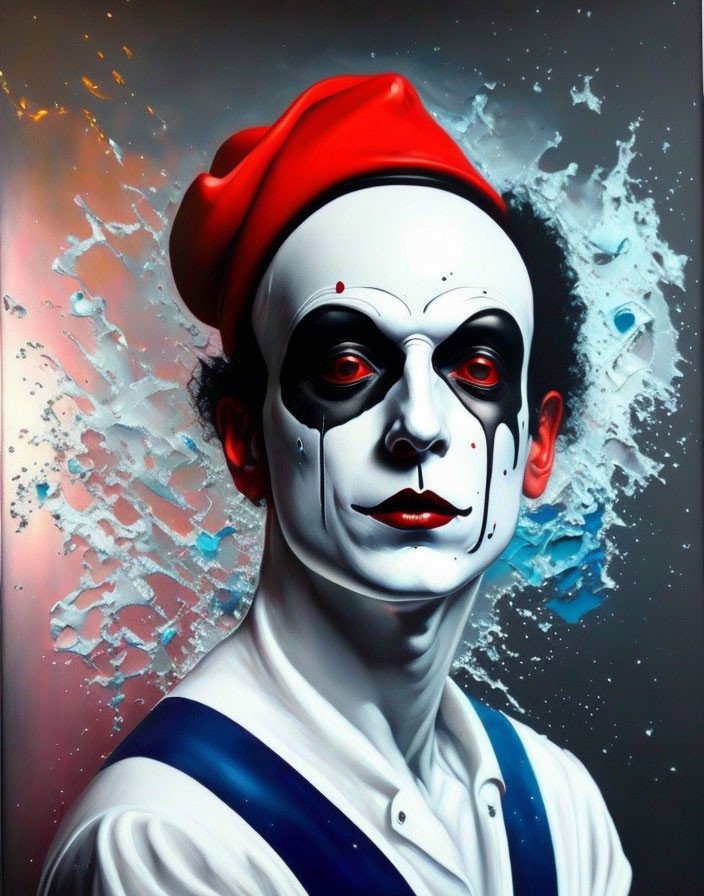 Vibrant surreal portrait of a mime with red hat and cosmic background