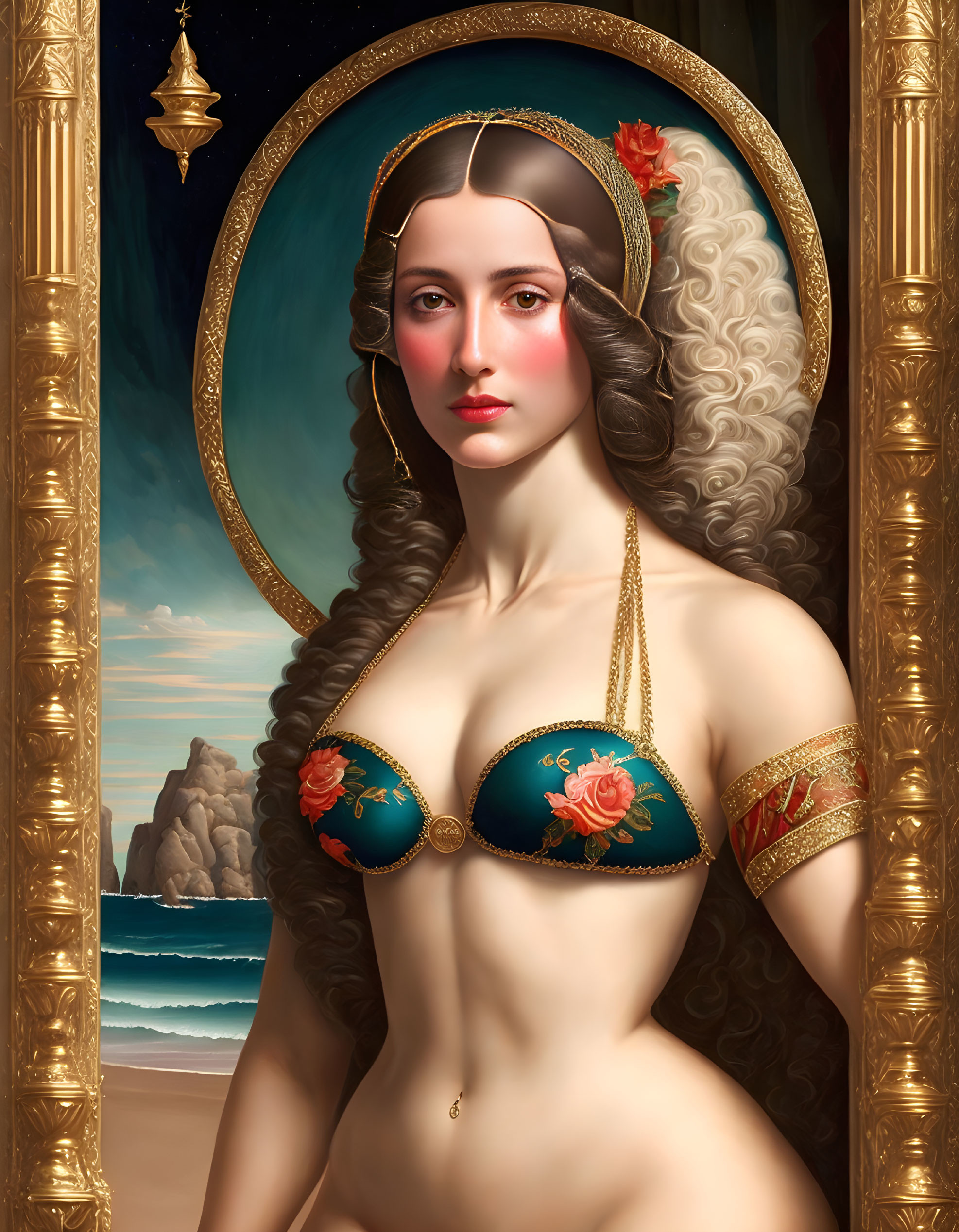 Classical woman portrait in blue and gold bikini against seascape backdrop