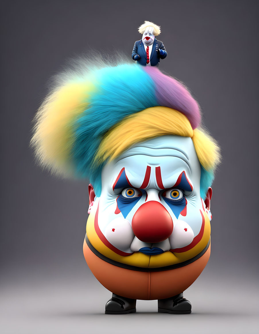 Colorful Clown Figure with Small Businessman on Oversized Hair