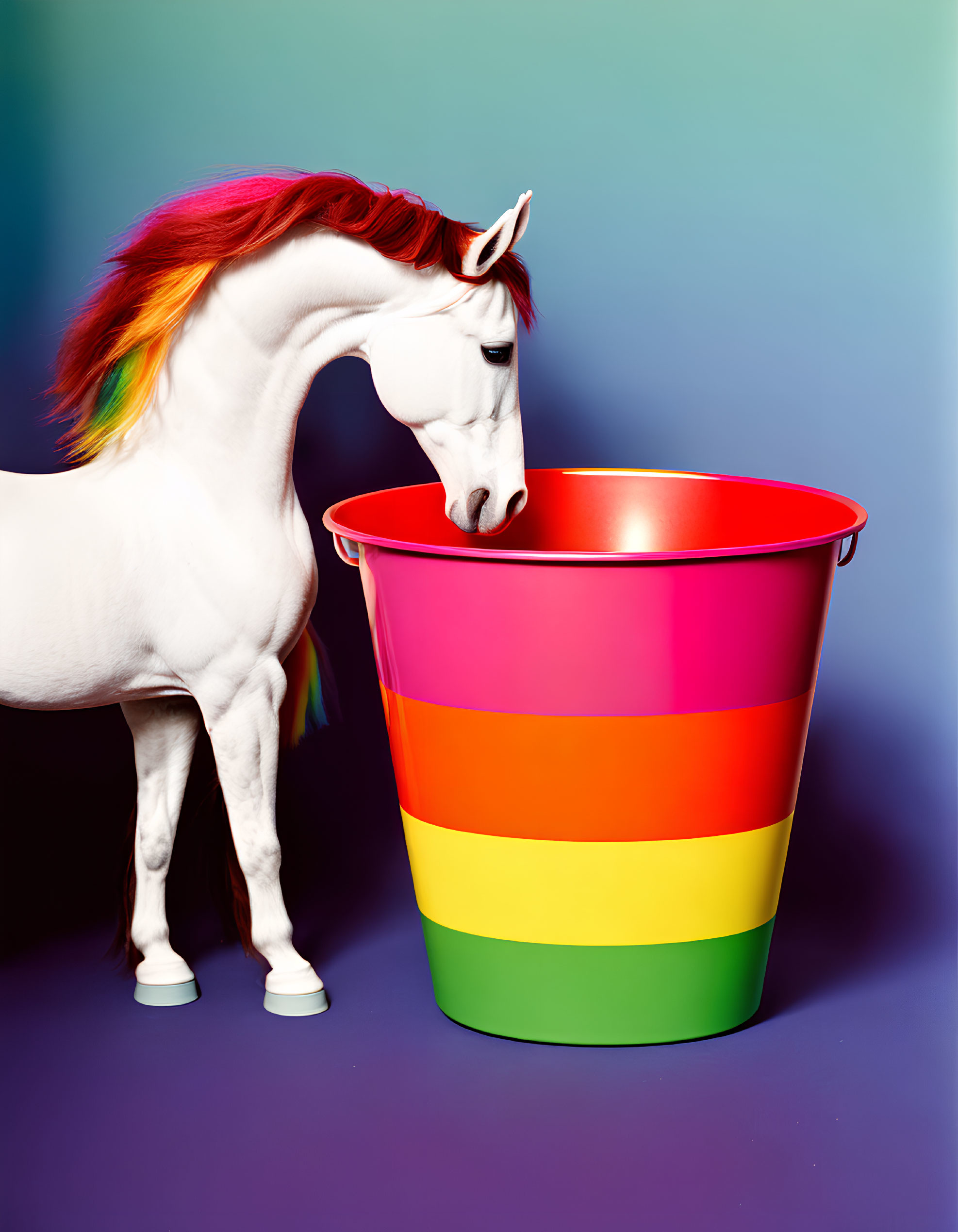 White Horse with Rainbow Mane and Colorful Striped Bucket on Blue Background