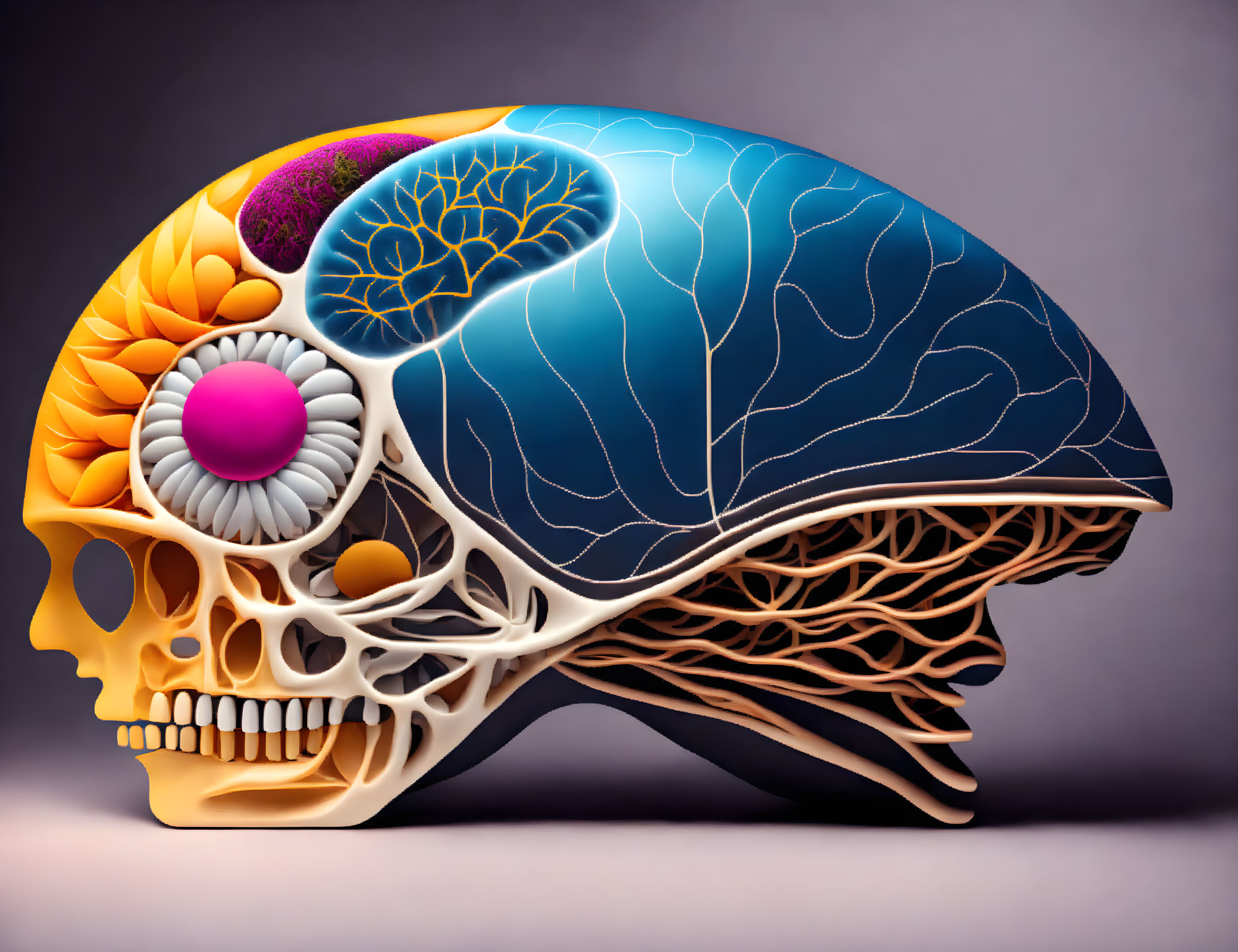 Colorful Human Skull and Brain Illustration on Purple Background