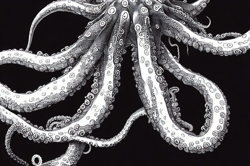 Monochrome octopus illustration with intricate tentacle patterns