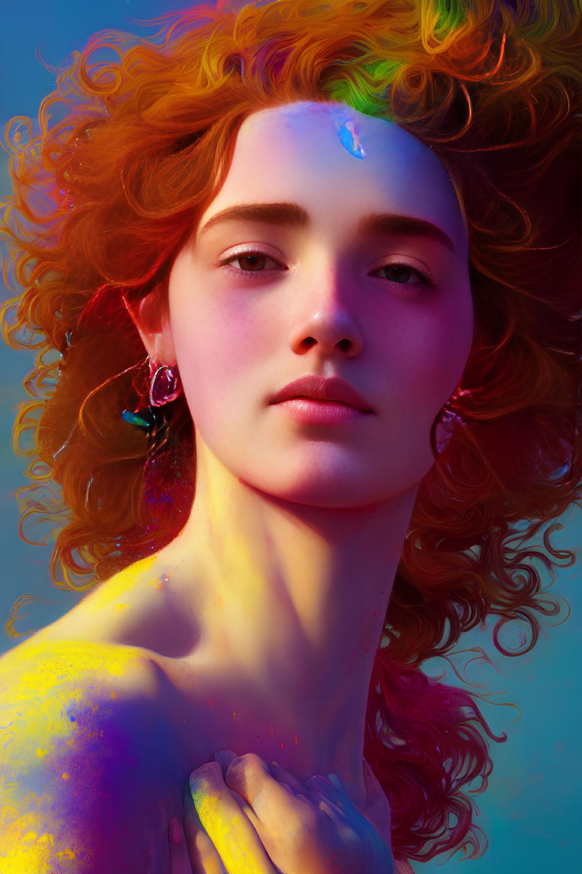 Vibrant red-haired woman with colorful paint splashes on blue background