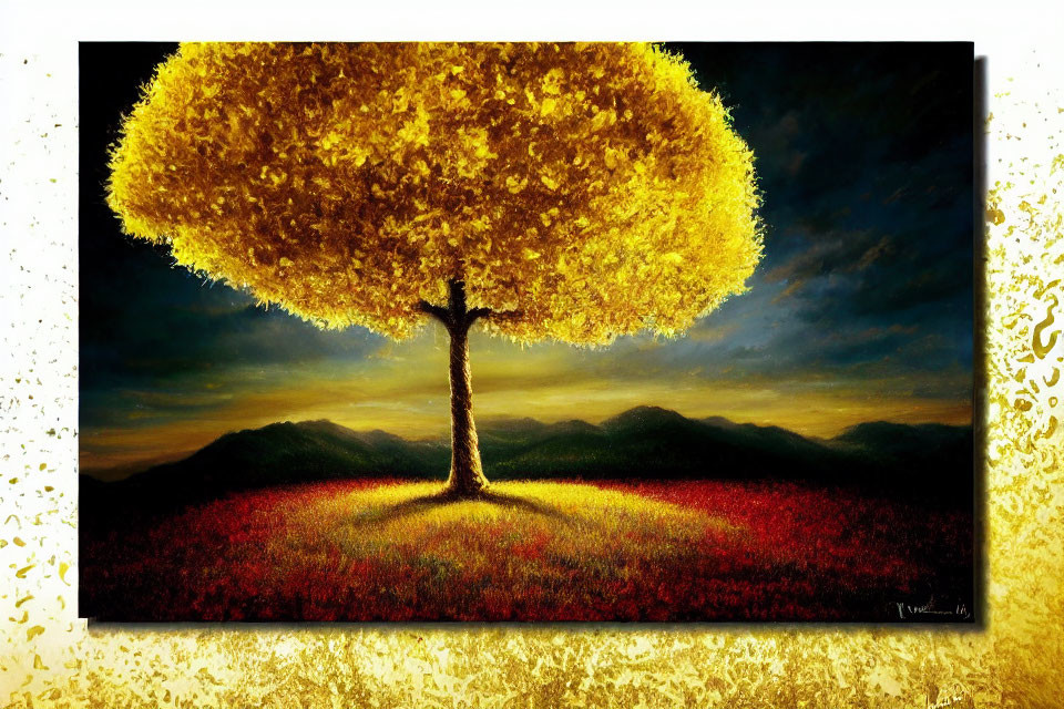 Vibrant painting of solitary tree on hill with golden canopy, red foliage, mountains, and sunset