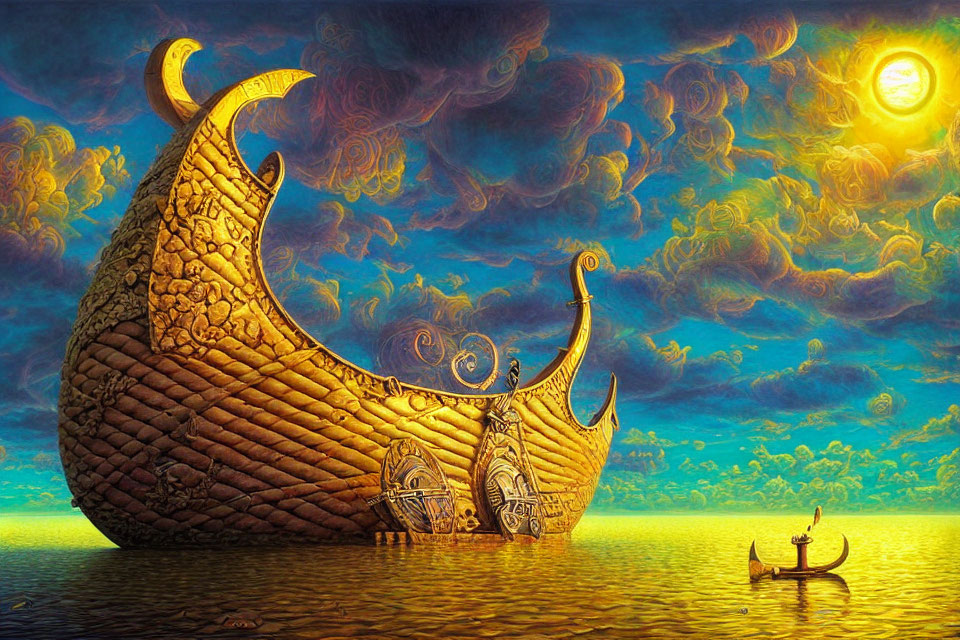 Giant Viking-like ship with crescent moon sails on golden water under sunlit sky