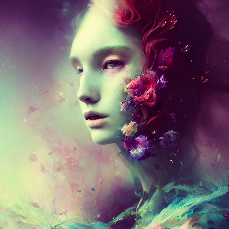 Colorful surreal portrait with floral embellishments