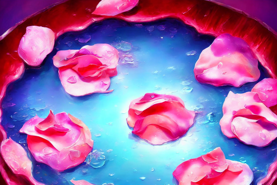 Pink rose petals on vibrant blue and purple water surface.