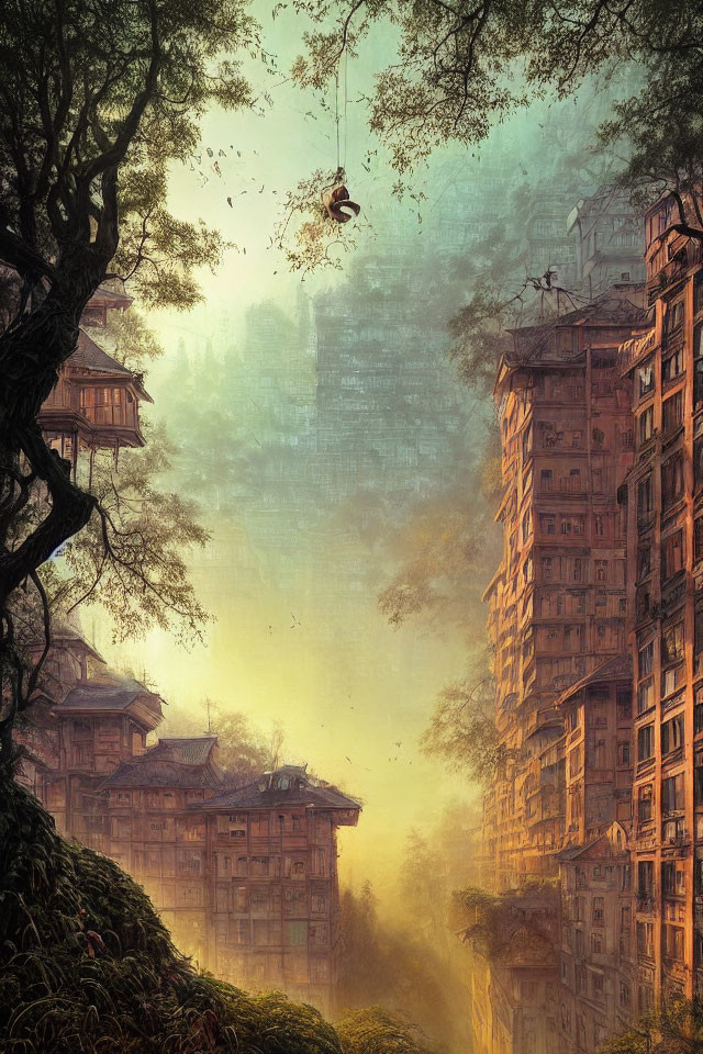 Person swinging from rope in misty ancient cityscape with foliage and warm golden light