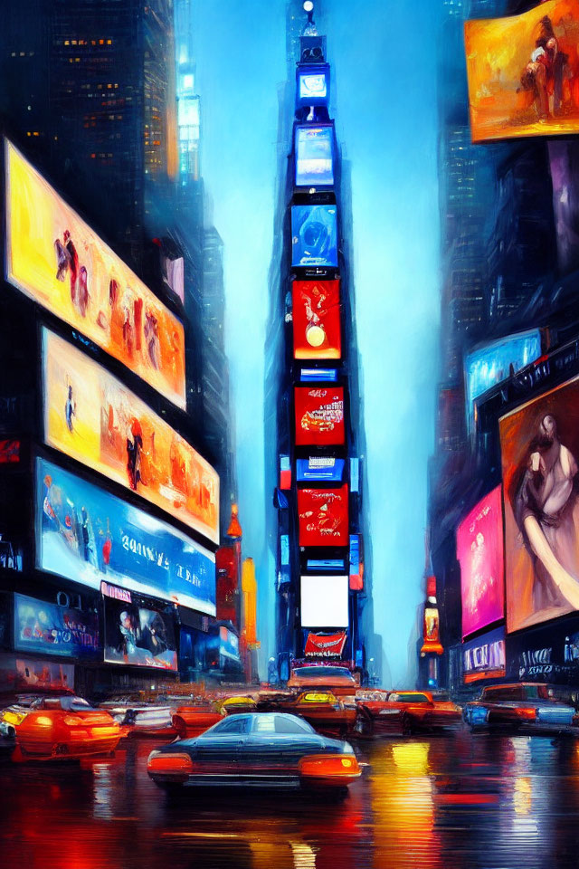 Vibrant Times Square night painting with illuminated billboards & busy traffic