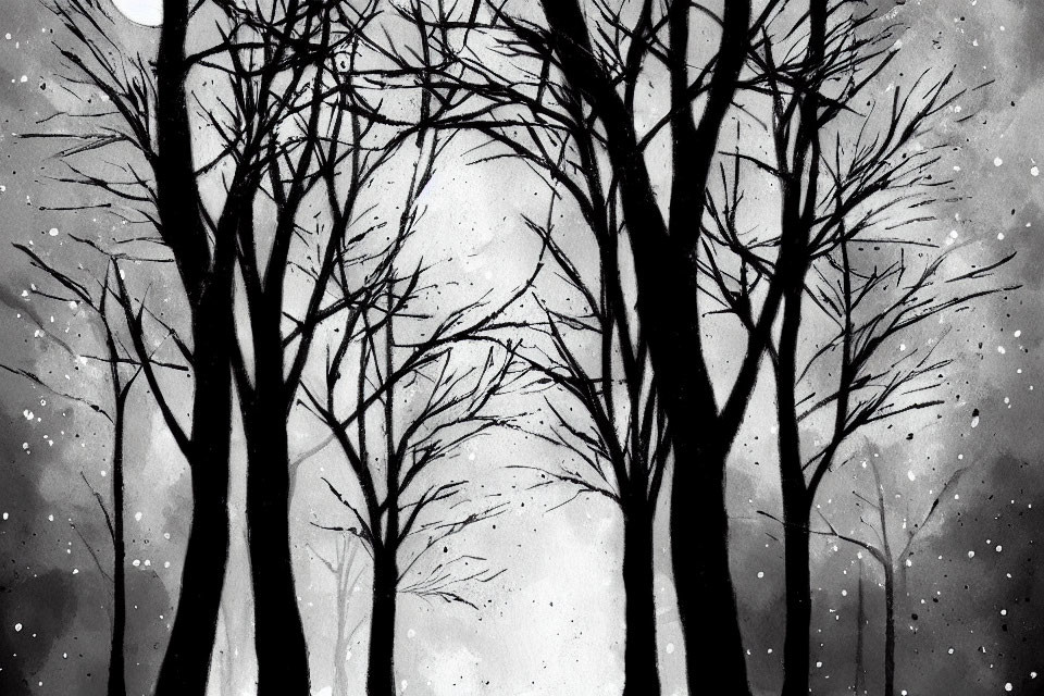 Monochrome painting of snowy trees in misty background