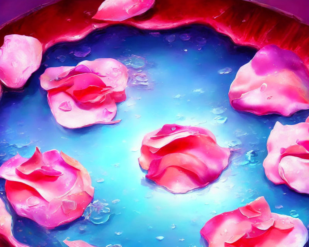 Pink rose petals on vibrant blue and purple water surface.