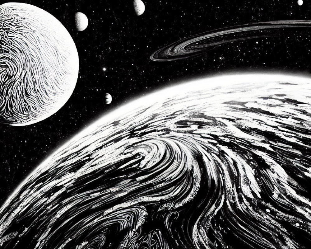 Detailed Black and White Artwork of Celestial Bodies