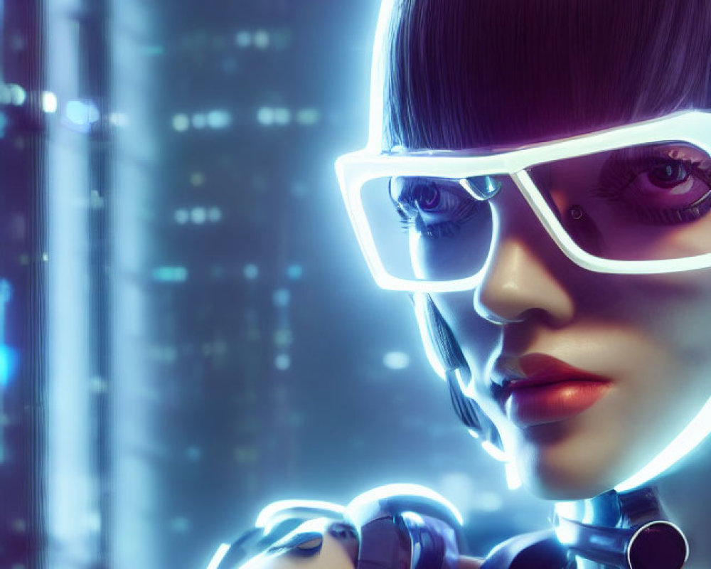 Futuristic woman with glowing glasses and cybernetic enhancements in neon-lit city