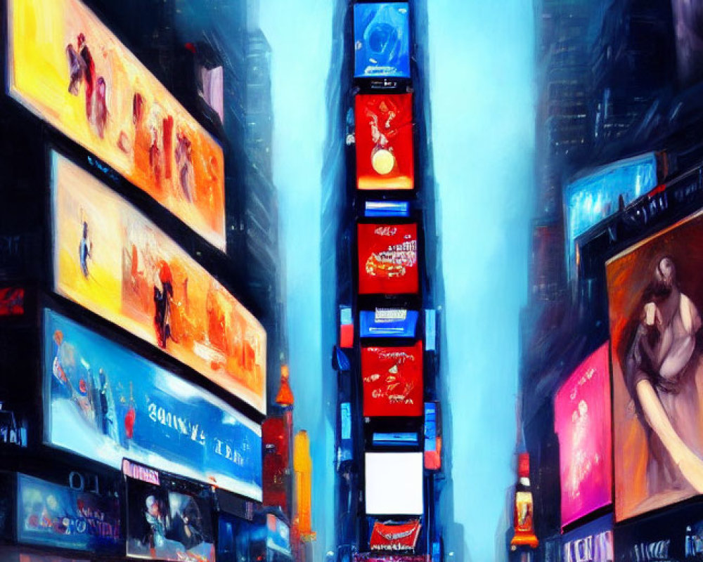 Vibrant Times Square night painting with illuminated billboards & busy traffic