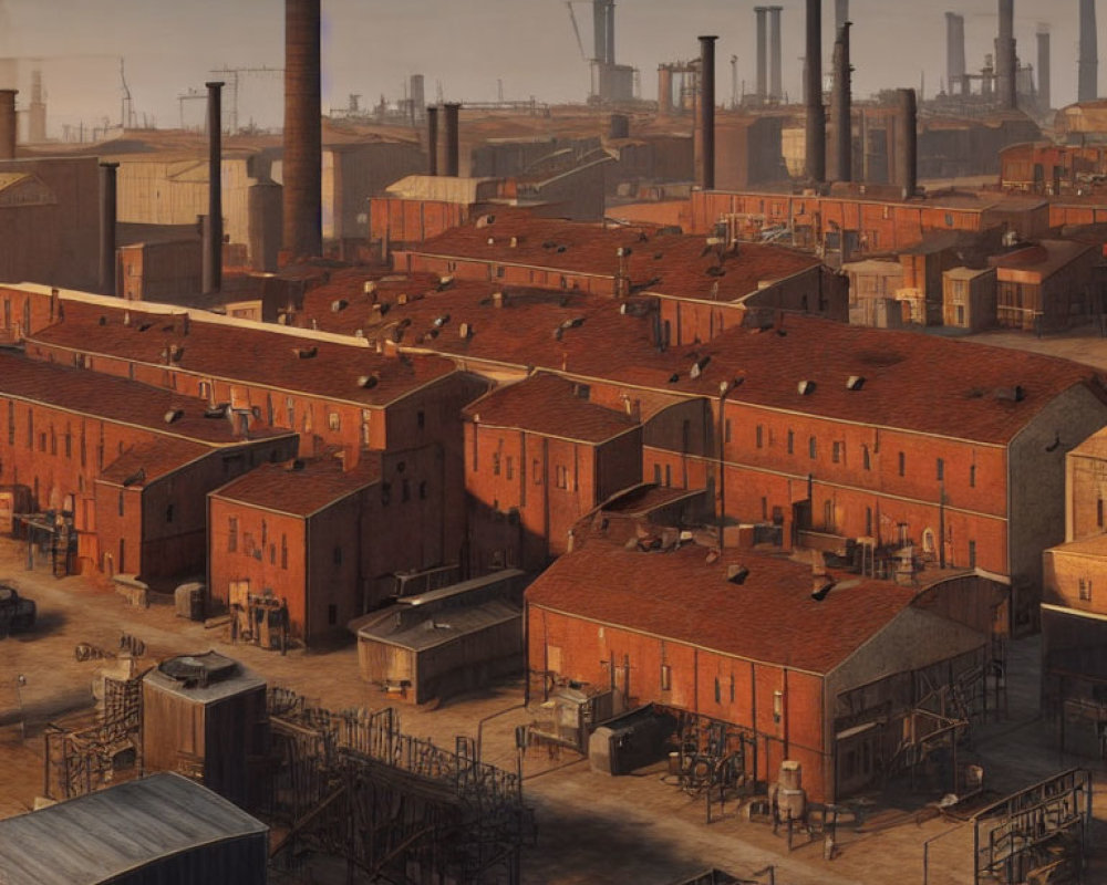 Brick factories and smoking chimneys in an industrial landscape