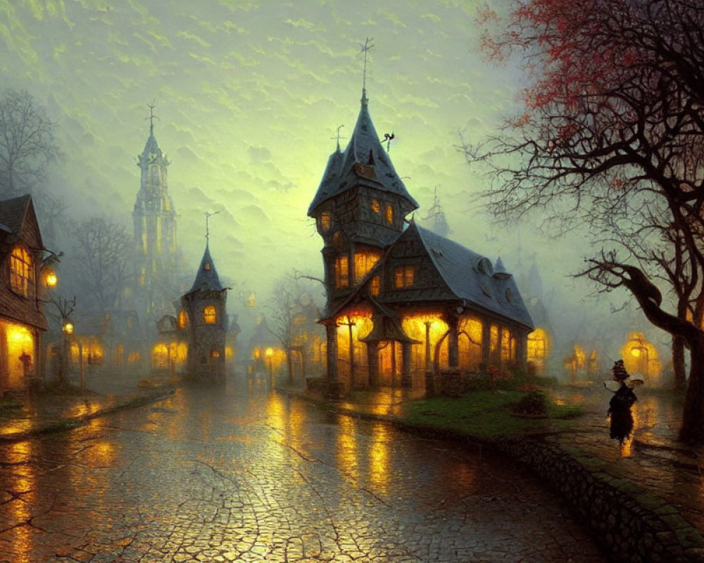 Cobblestone street at dusk with person holding umbrella and traditional houses under streetlight glow.