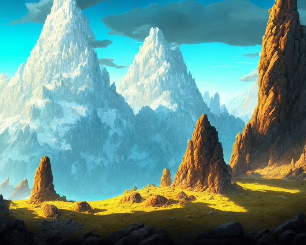 Majestic mountain landscape under a blue sky: sunlit peaks, rocky formations, serene valley