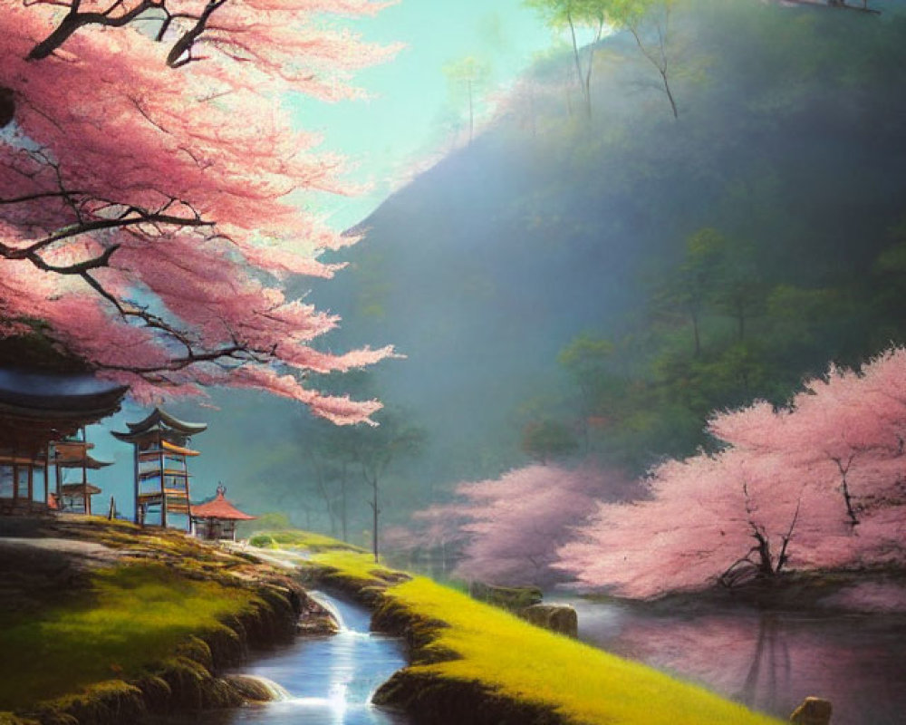 Tranquil Japanese landscape with cherry blossoms, river, and traditional structures