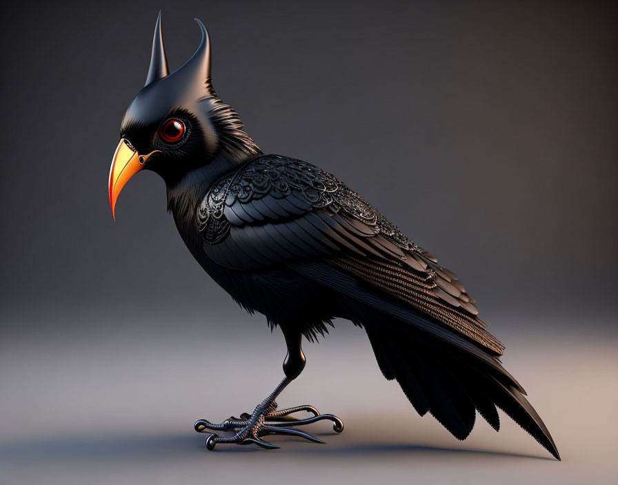 Artistic black bird with detailed feathers, orange beak, and mythical appearance