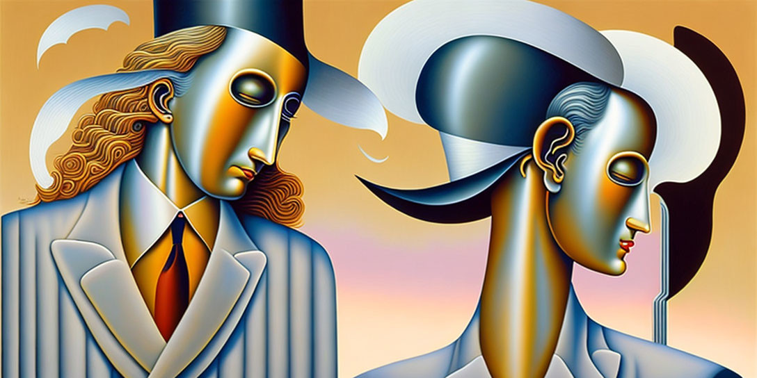 Surreal artwork: Two stylized figures in elegant attire on orange background.