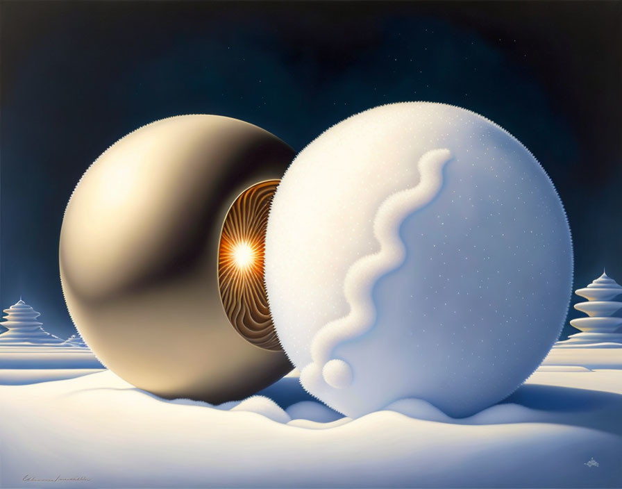 Spherical objects with bright light and snow in night sky.