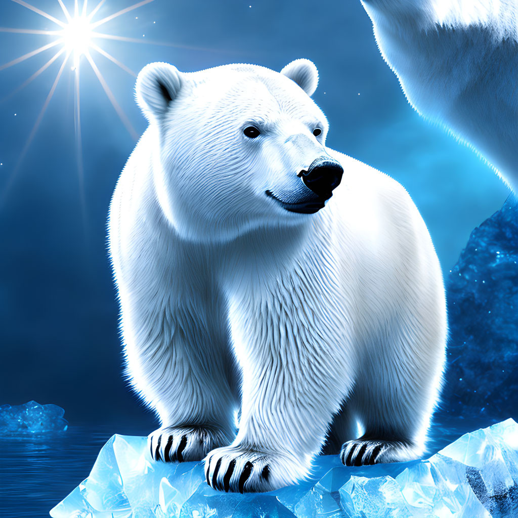 Polar bear on translucent ice under starlit sky