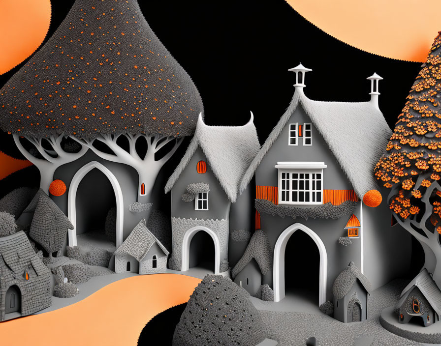 Fantasy village with whimsical houses and vibrant orange accents