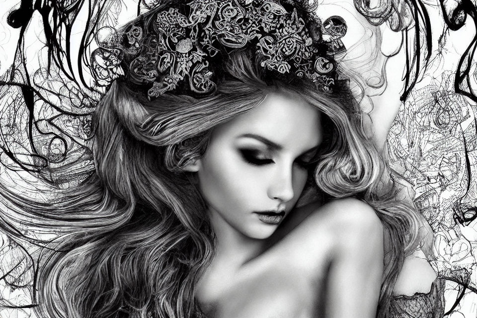 Monochromatic illustration: Woman with lace headpiece in abstract setting