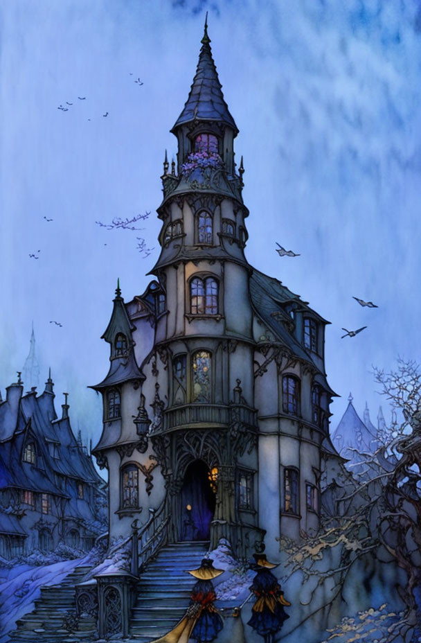 Whimsical tall tower among gothic buildings at twilight