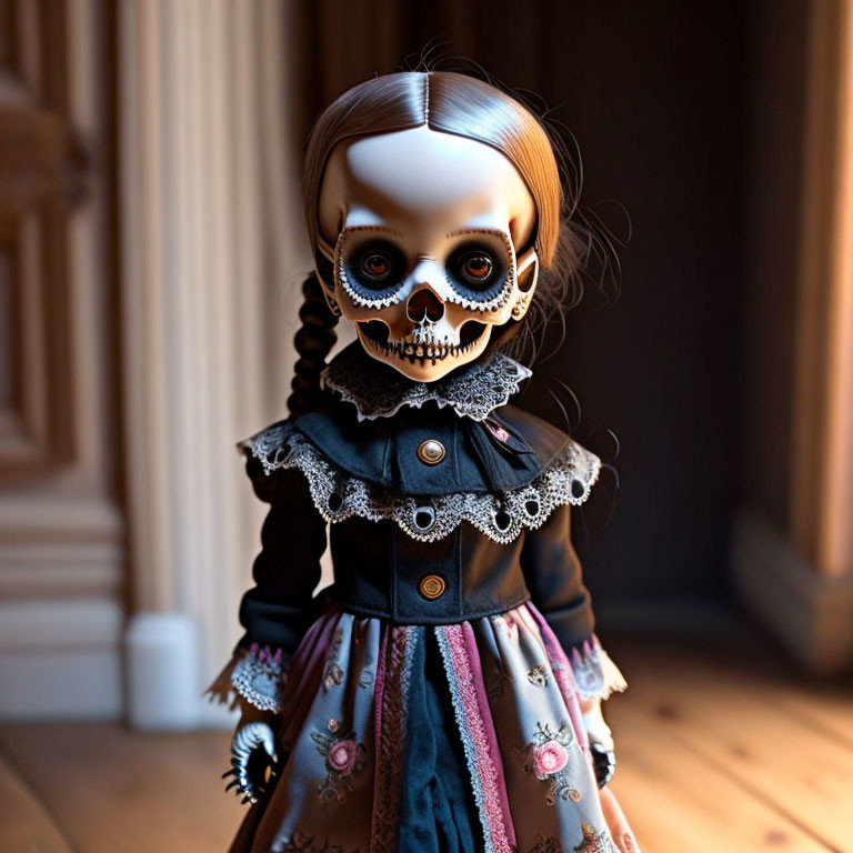 Day of the Dead themed doll with skull-like makeup and traditional attire