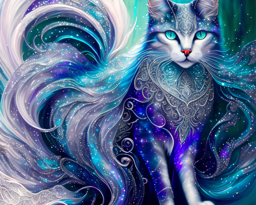 Cosmic cat digital artwork with blue and purple fur and red eyes