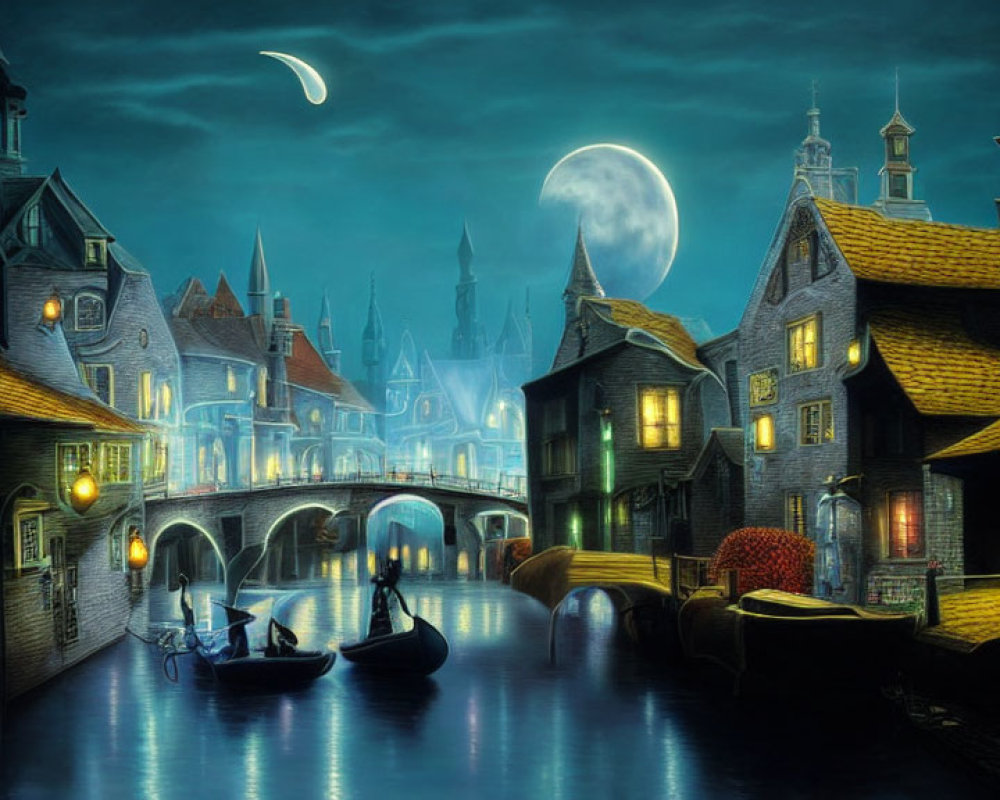 Moonlit fantasy canal scene with gondolas, bridges, lanterns, and European buildings.