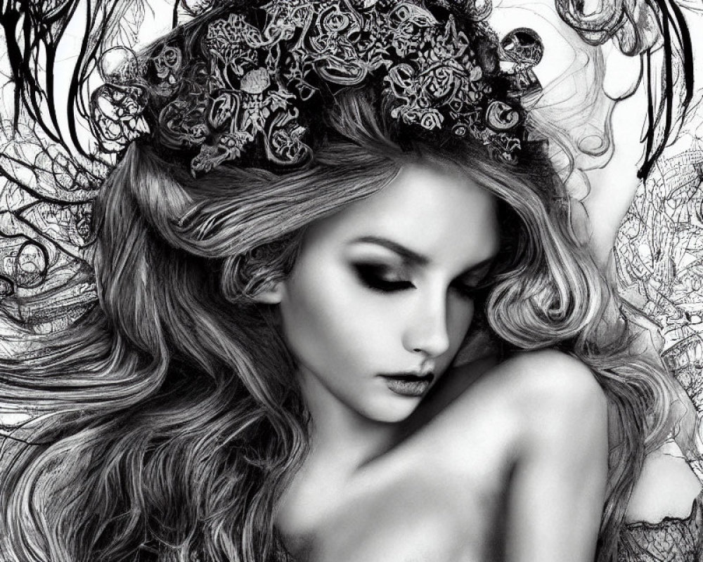 Monochromatic illustration: Woman with lace headpiece in abstract setting