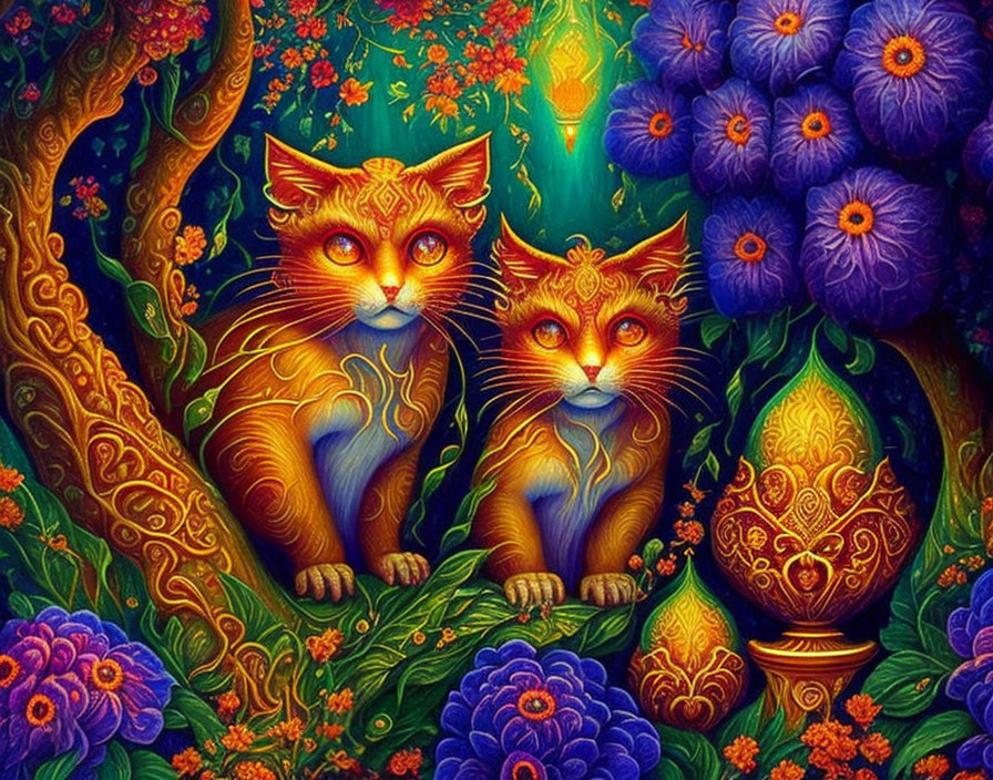 Colorful Cats in Whimsical Garden with Blue Flowers and Golden Egg