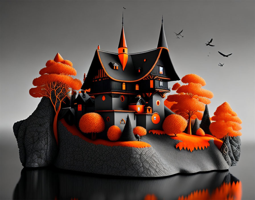 Fantasy castle digital artwork with black and orange tones and vibrant orange trees.