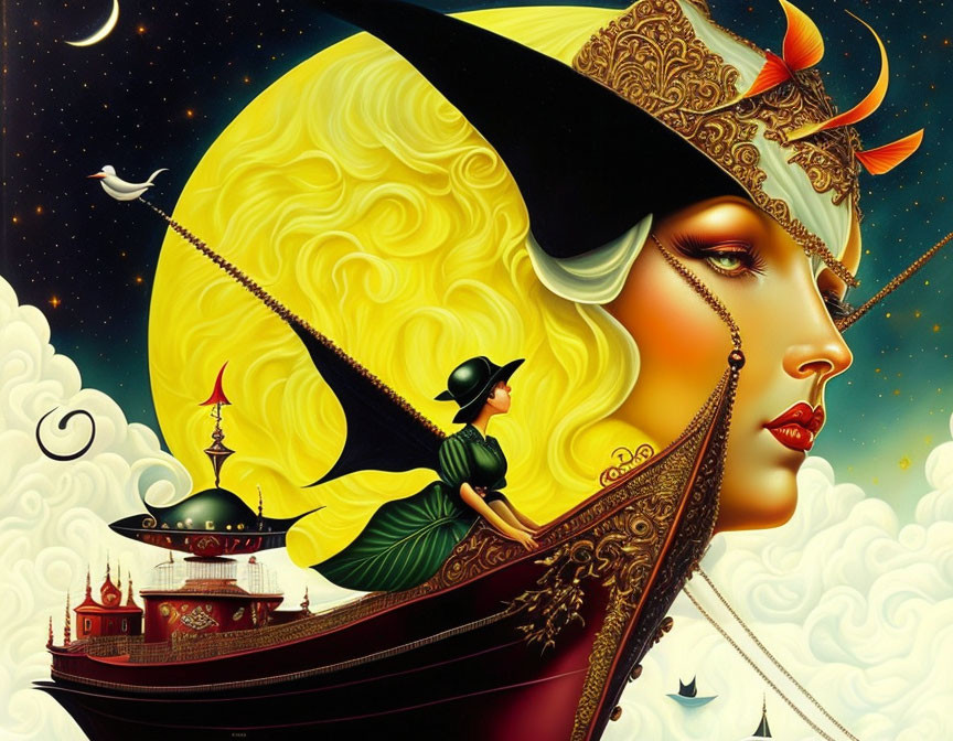 Stylized illustration of moon, woman's face, leaf boat, ornate buildings, lush colors