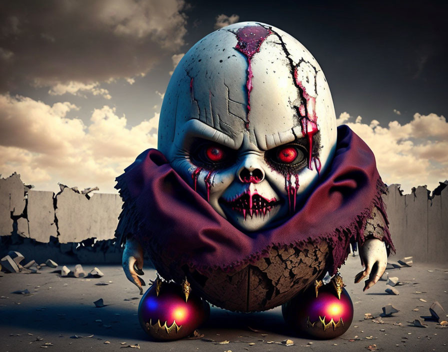 Sinister clown-like figure with red eyes and sharp teeth in purple cloak on cracked ground under cloudy sky