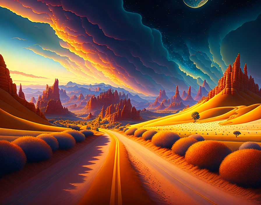 Surreal desert landscape with road, rock formations, and dramatic sky