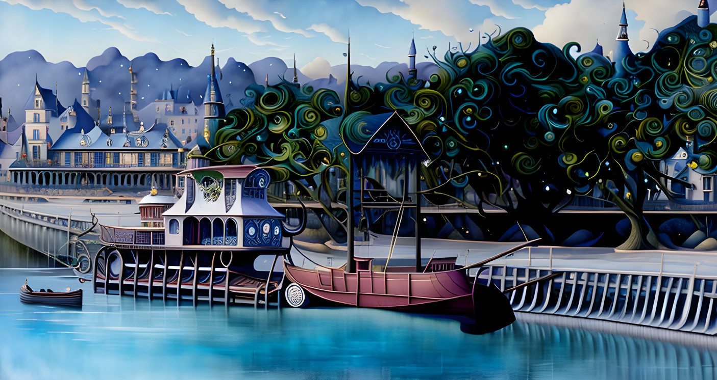 Whimsical riverscape with paddle steamer, rowboat, and sailboat